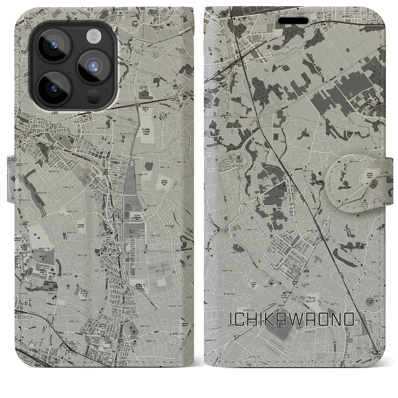 【市川大野(千葉県)】地図柄iPhoneケース(手帳タイプ)モノトーン・iPhone 15 Pro Max 用