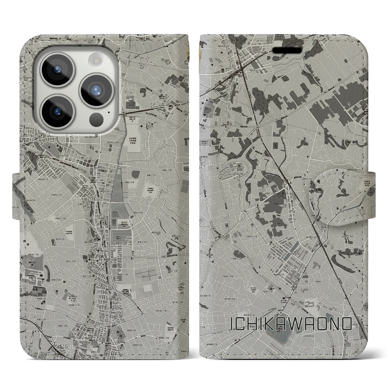 【市川大野(千葉県)】地図柄iPhoneケース(手帳タイプ)モノトーン・iPhone 15 Pro 用