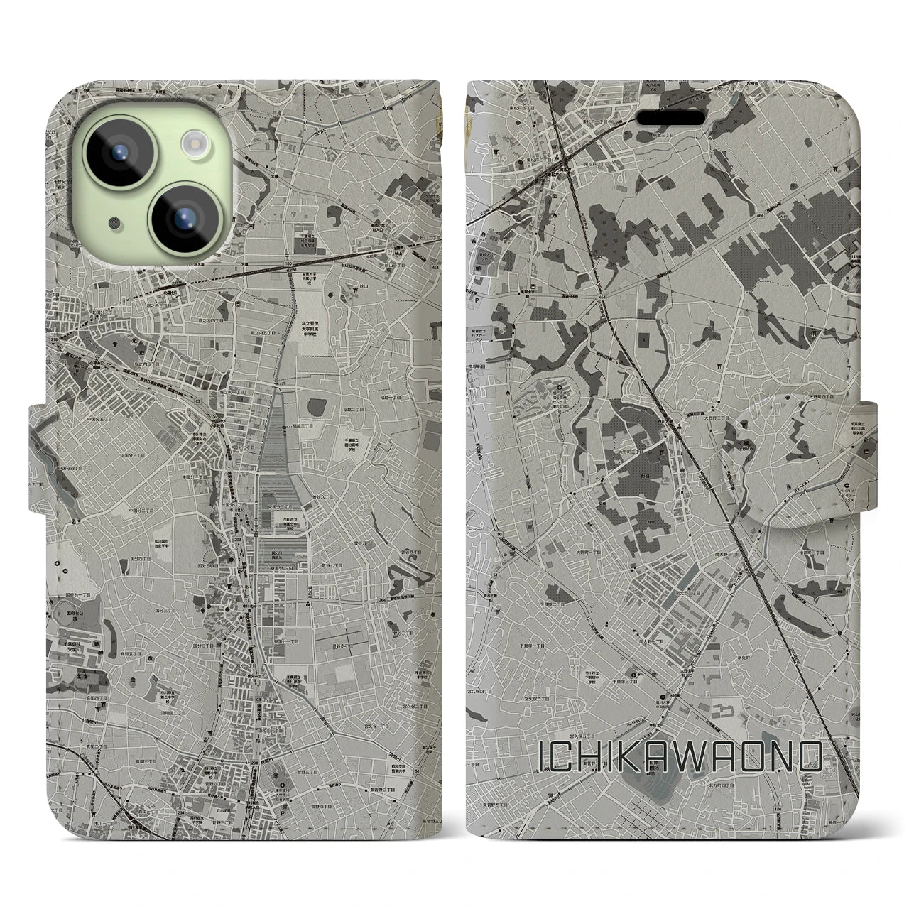 【市川大野(千葉県)】地図柄iPhoneケース(手帳タイプ)モノトーン・iPhone 15 用