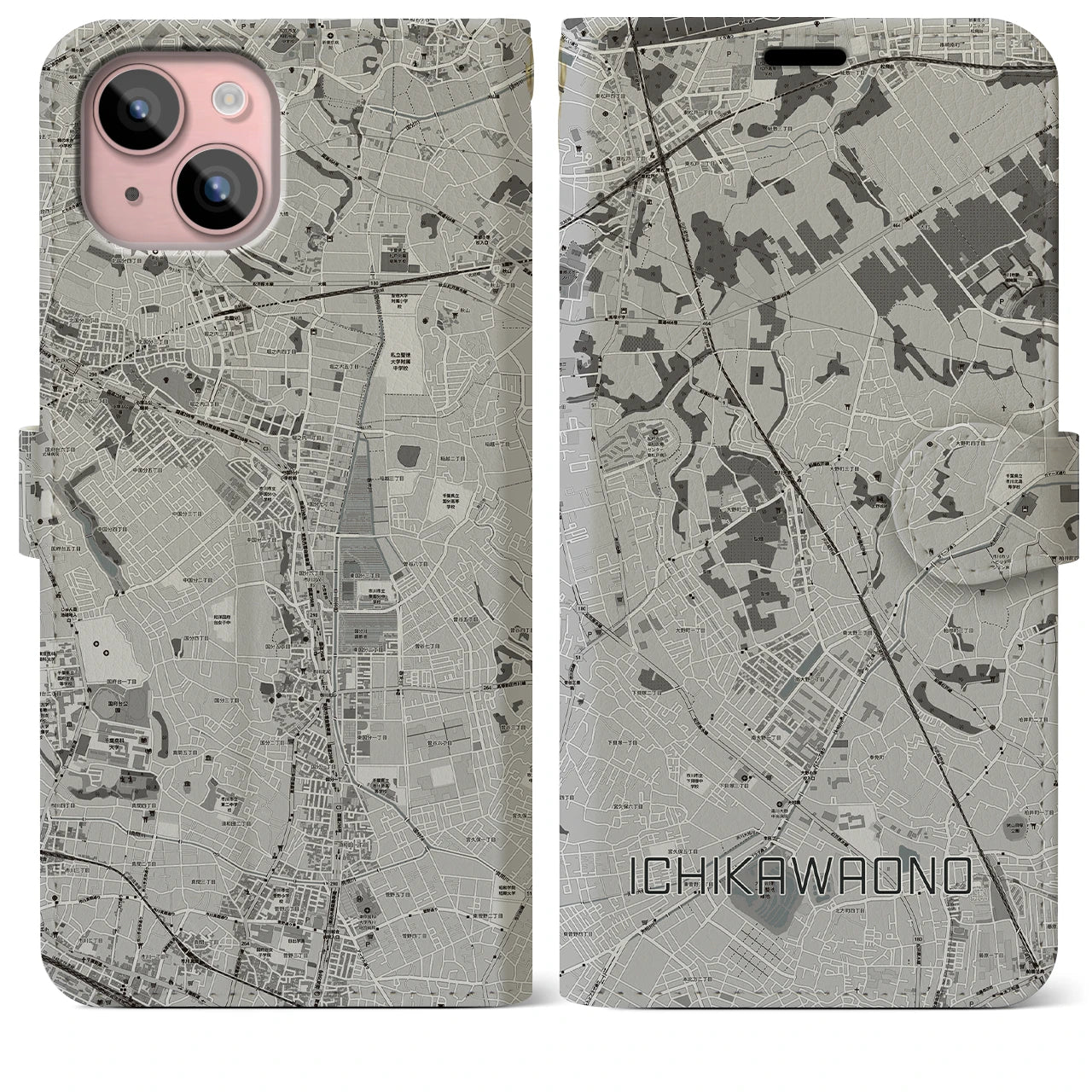 【市川大野(千葉県)】地図柄iPhoneケース(手帳タイプ)モノトーン・iPhone 15 Plus 用