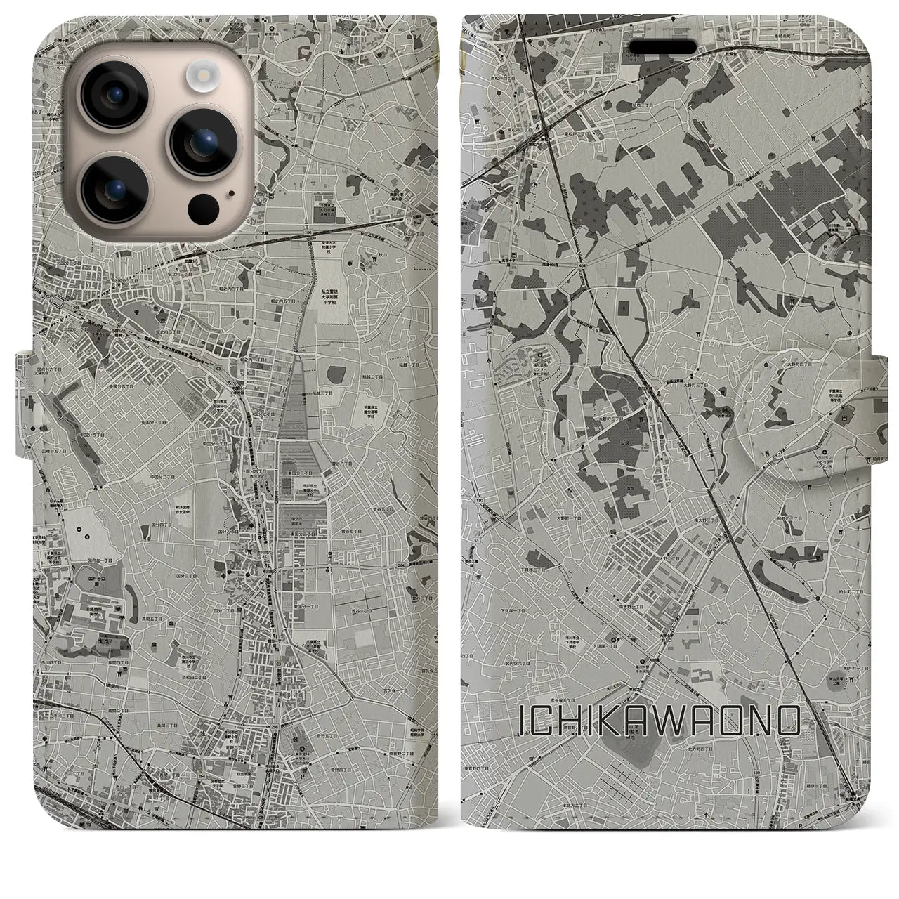 【市川大野(千葉県)】地図柄iPhoneケース(手帳タイプ)モノトーン・iPhone 16 Plus 用