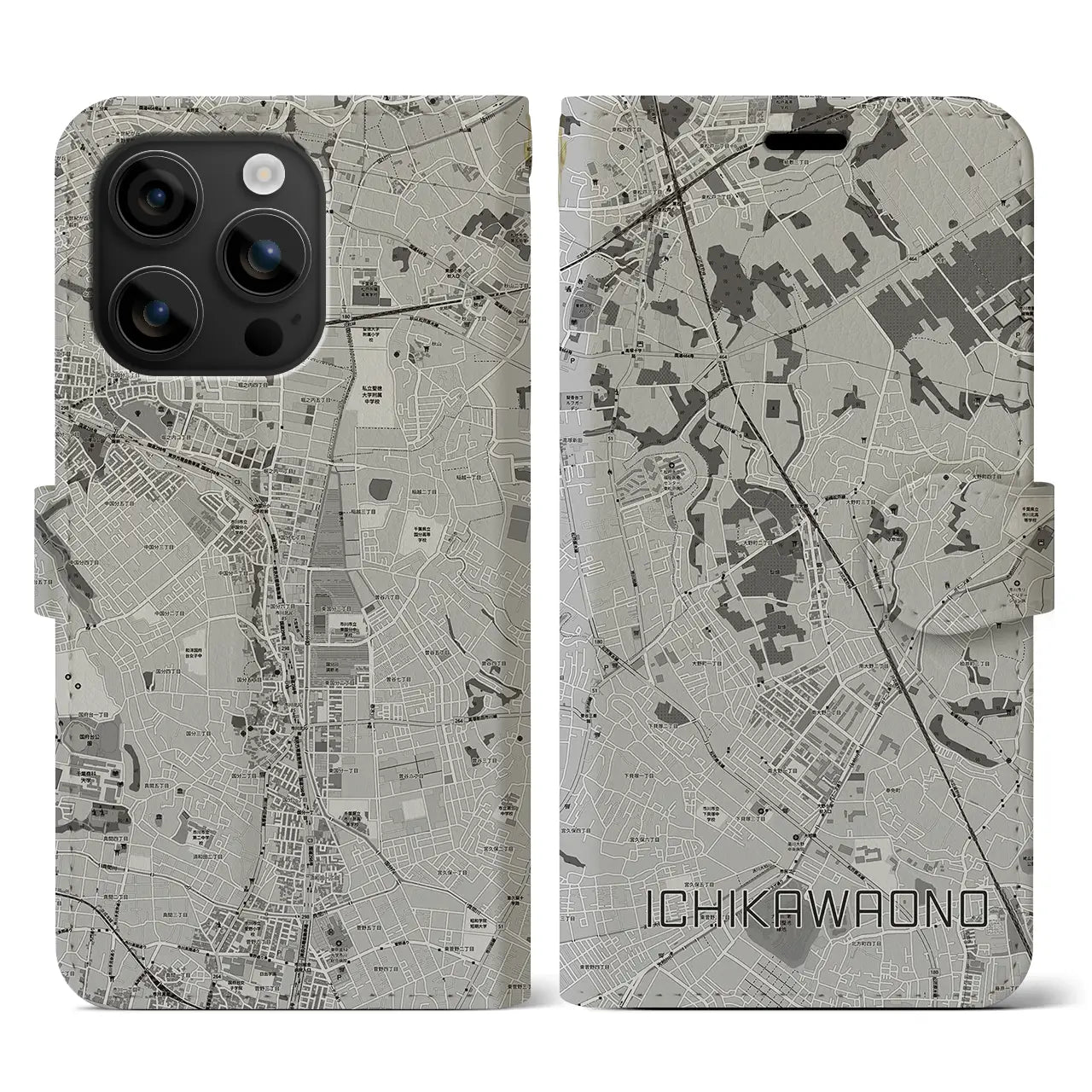 【市川大野(千葉県)】地図柄iPhoneケース(手帳タイプ)モノトーン・iPhone 16 用