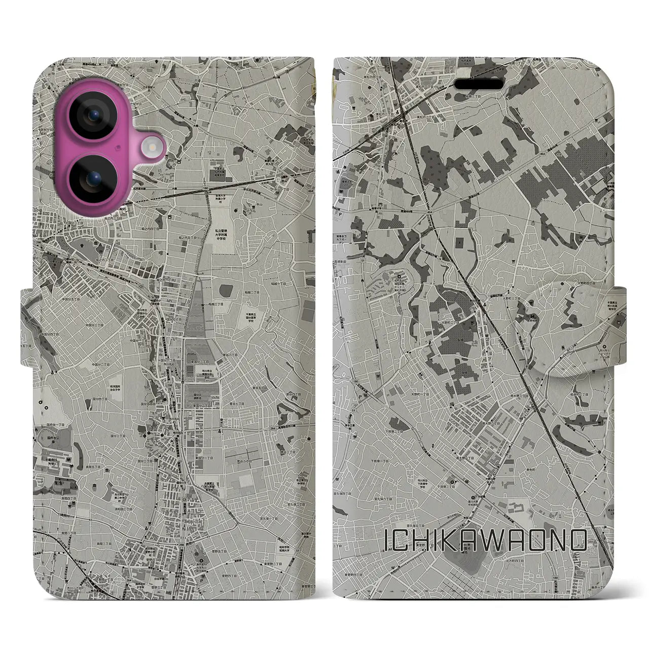 【市川大野(千葉県)】地図柄iPhoneケース(手帳タイプ)モノトーン・iPhone 16 Pro 用