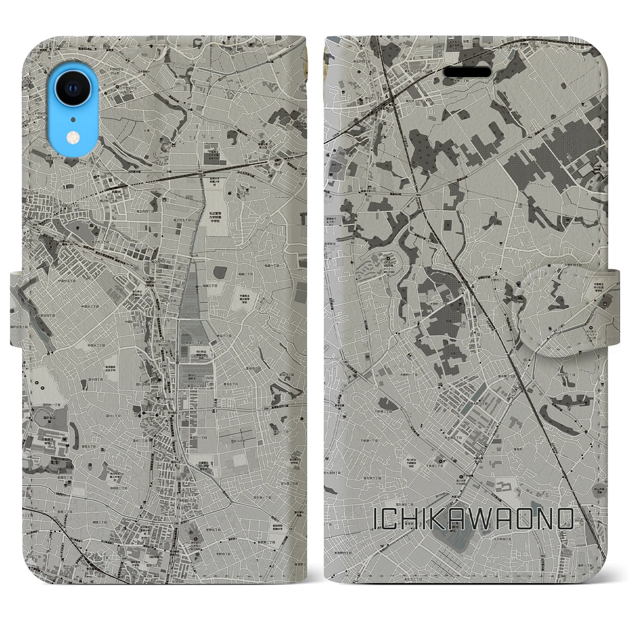 【市川大野(千葉県)】地図柄iPhoneケース(手帳タイプ)モノトーン・iPhone XR 用