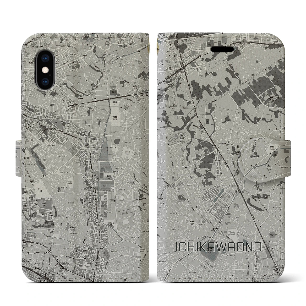 【市川大野(千葉県)】地図柄iPhoneケース(手帳タイプ)モノトーン・iPhone XS / X 用