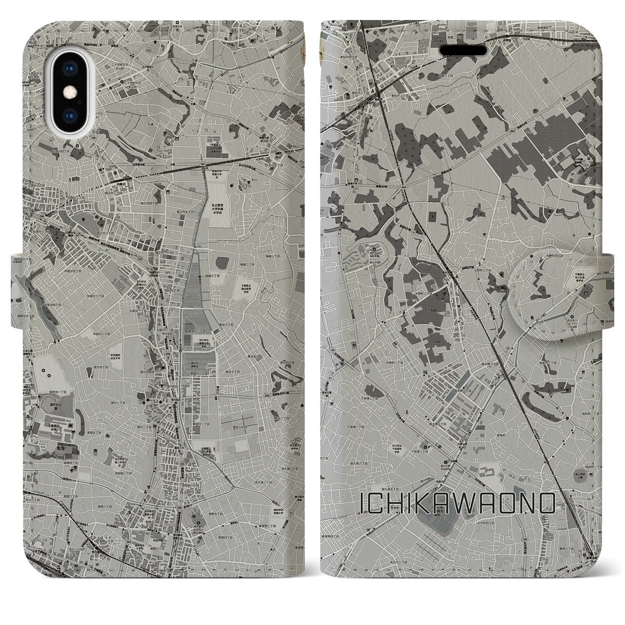 【市川大野(千葉県)】地図柄iPhoneケース(手帳タイプ)モノトーン・iPhone XS Max 用