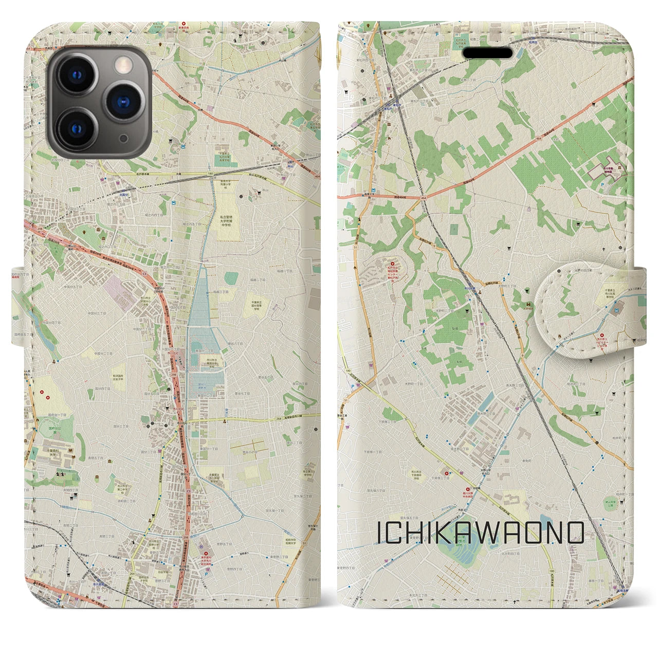 【市川大野(千葉県)】地図柄iPhoneケース(手帳タイプ)ナチュラル・iPhone 11 Pro Max 用
