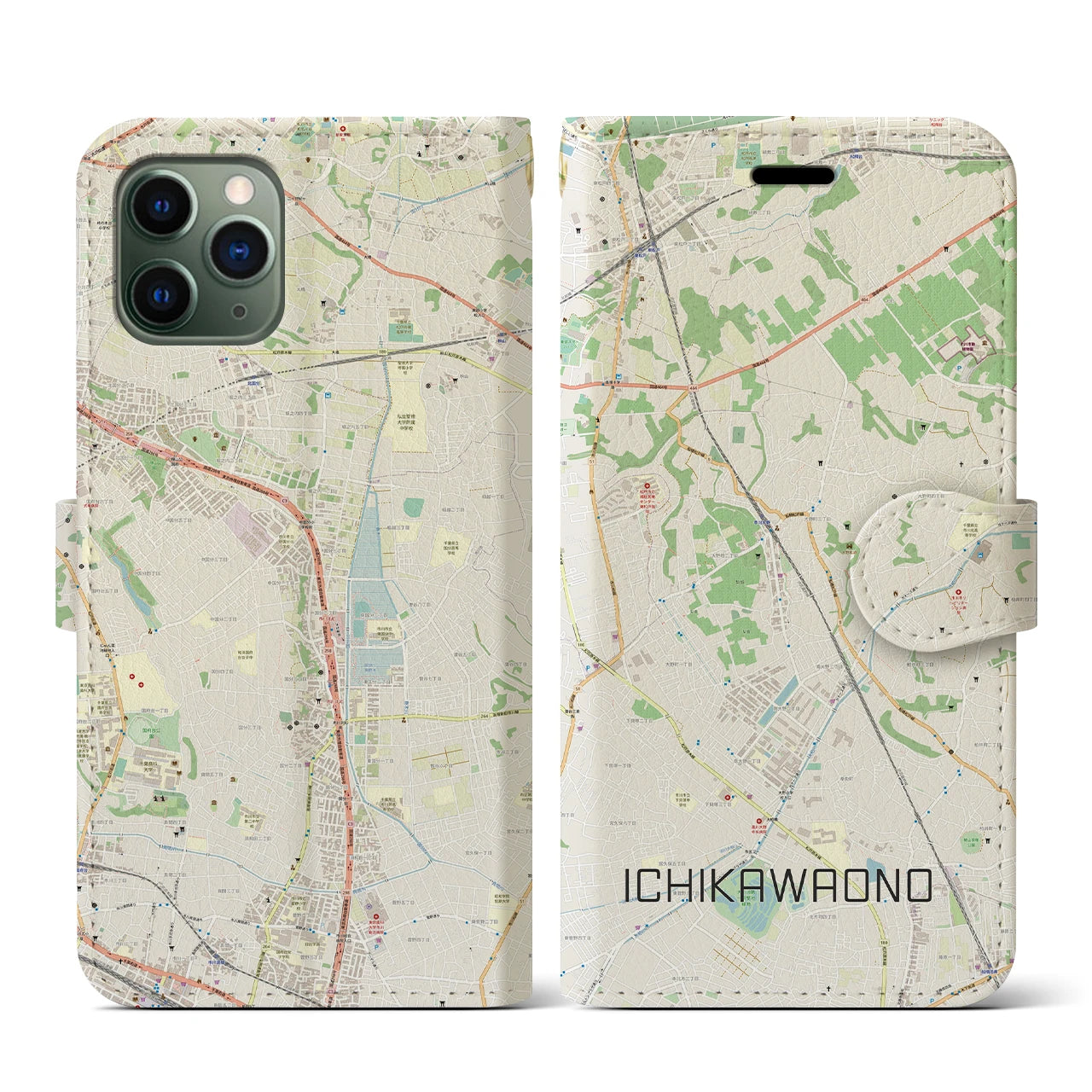 【市川大野(千葉県)】地図柄iPhoneケース(手帳タイプ)ナチュラル・iPhone 11 Pro 用