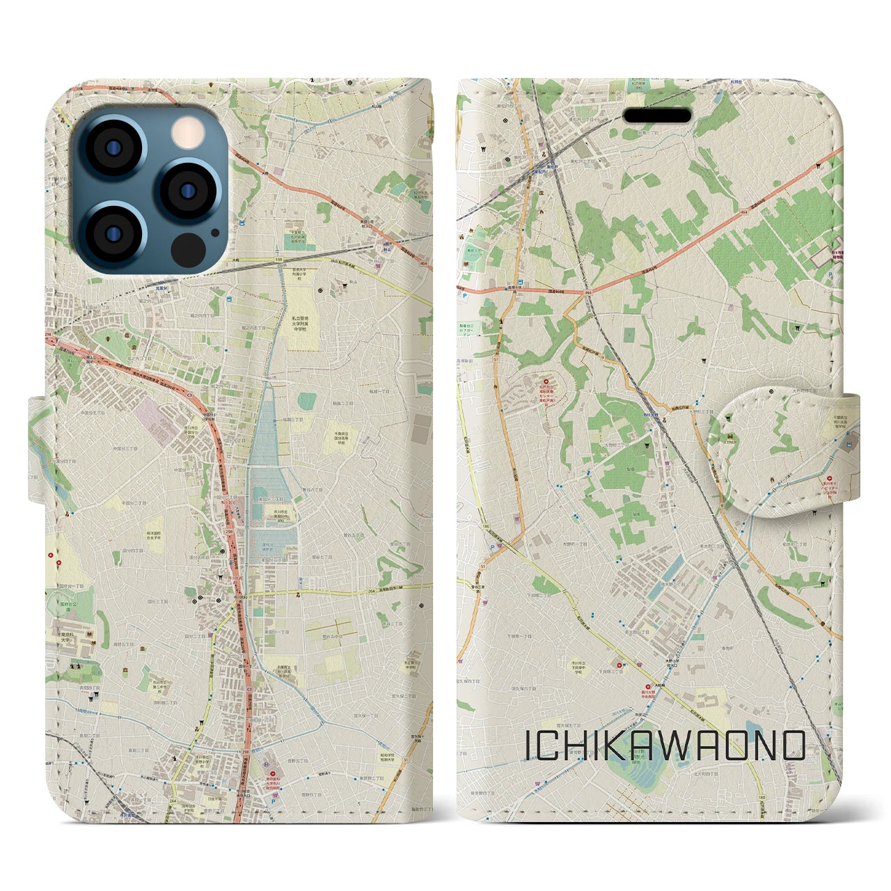 【市川大野(千葉県)】地図柄iPhoneケース(手帳タイプ)ナチュラル・iPhone 12 / 12 Pro 用