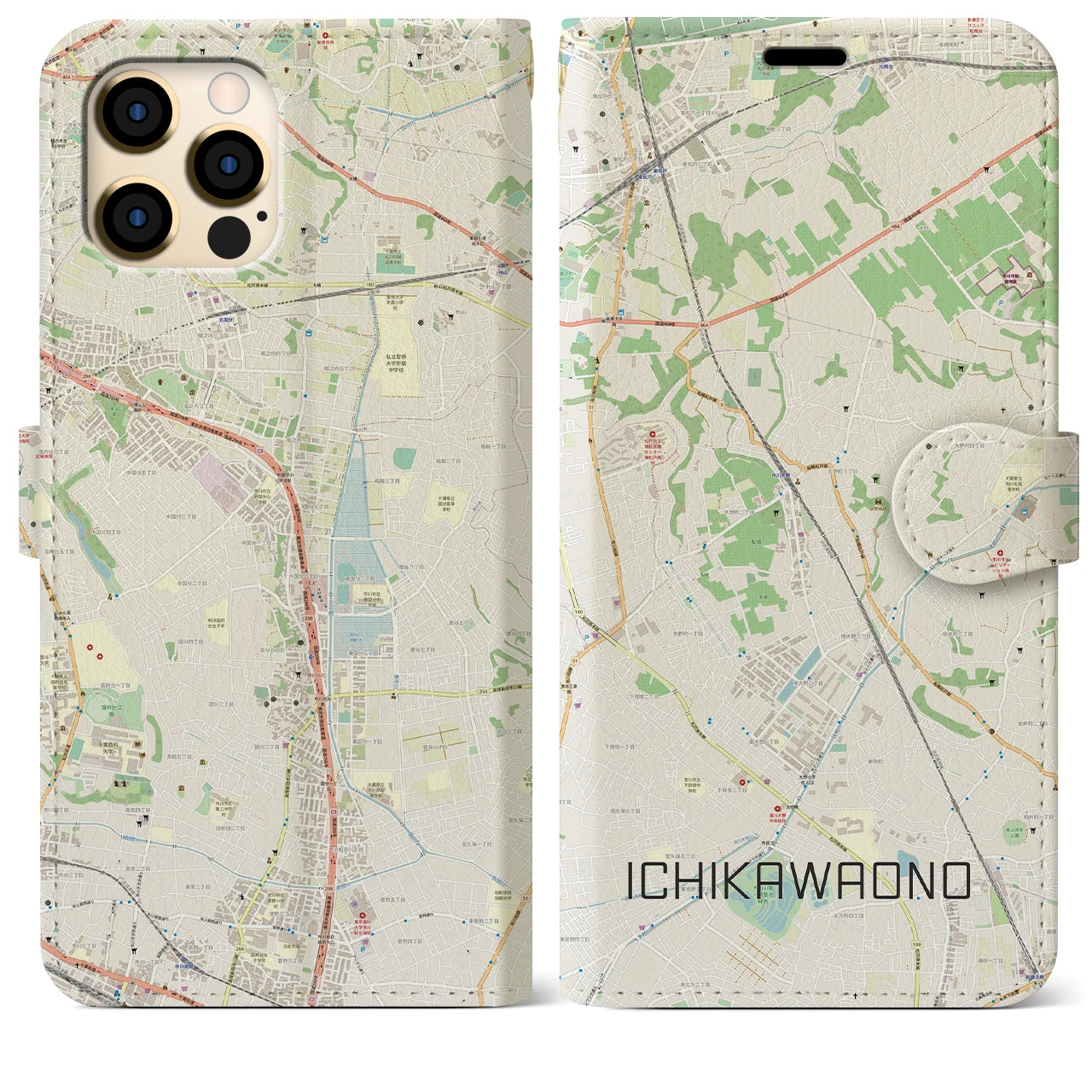 【市川大野(千葉県)】地図柄iPhoneケース(手帳タイプ)ナチュラル・iPhone 12 Pro Max 用