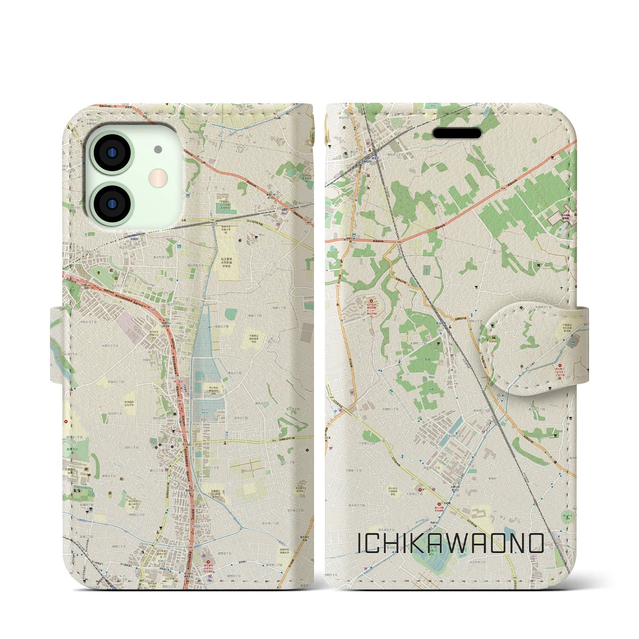 【市川大野(千葉県)】地図柄iPhoneケース(手帳タイプ)ナチュラル・iPhone 12 mini 用