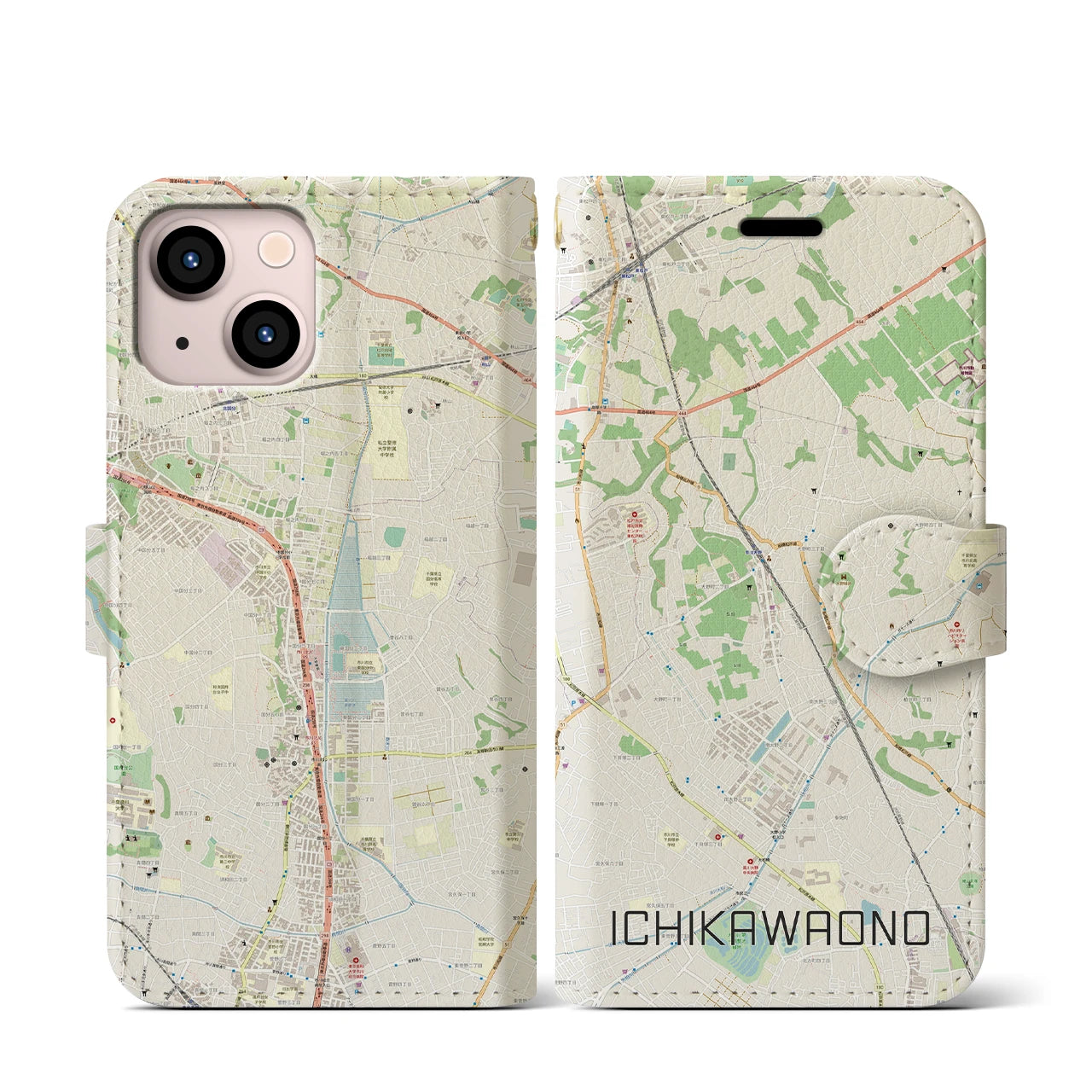 【市川大野(千葉県)】地図柄iPhoneケース(手帳タイプ)ナチュラル・iPhone 13 mini 用
