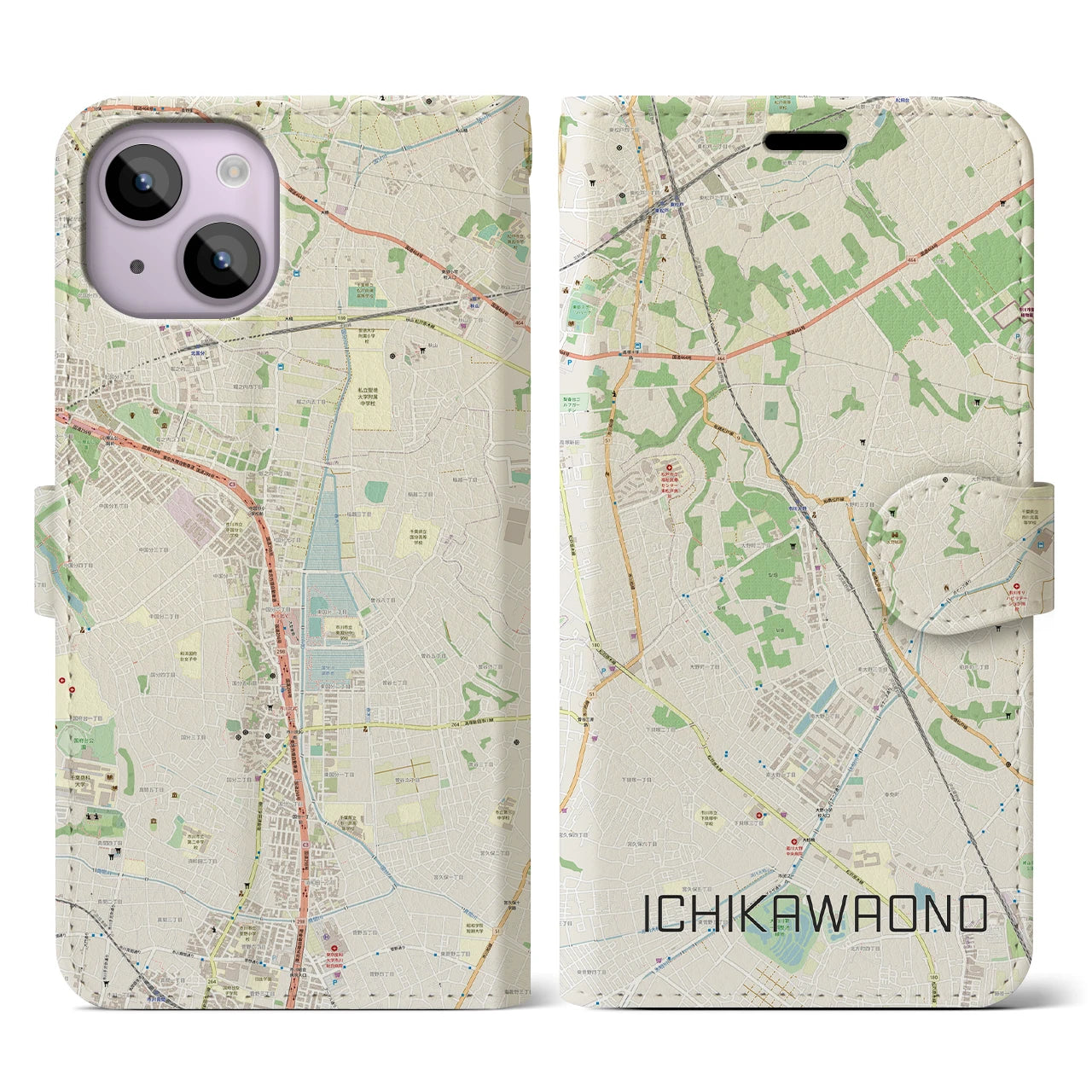 【市川大野(千葉県)】地図柄iPhoneケース(手帳タイプ)ナチュラル・iPhone 14 用