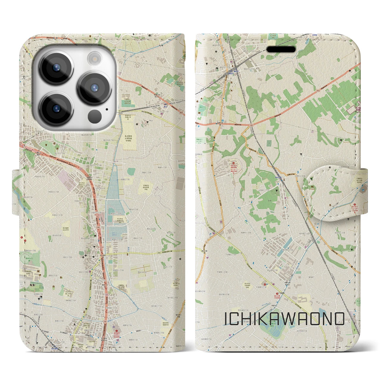 【市川大野(千葉県)】地図柄iPhoneケース(手帳タイプ)ナチュラル・iPhone 14 Pro 用