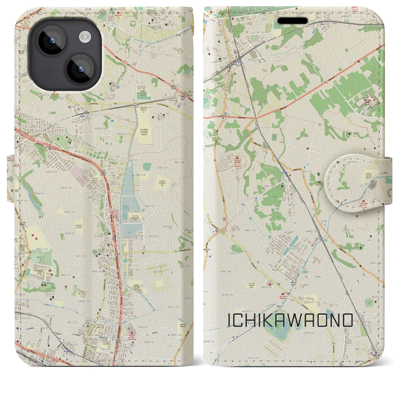 【市川大野(千葉県)】地図柄iPhoneケース(手帳タイプ)ナチュラル・iPhone 14 Plus 用