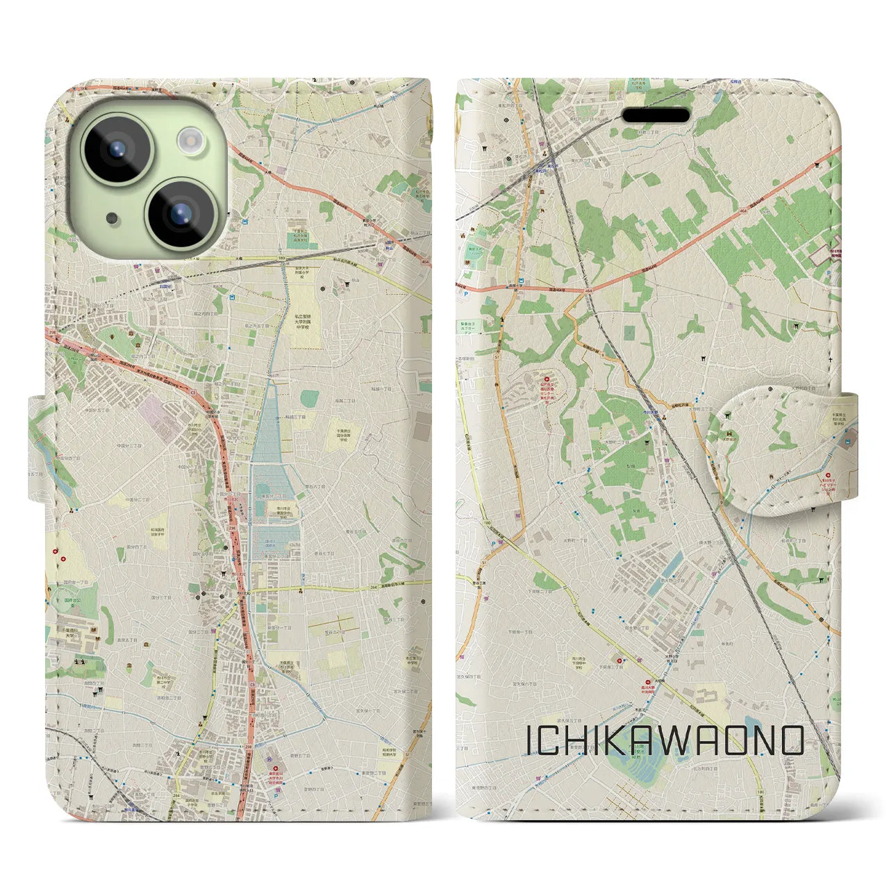 【市川大野(千葉県)】地図柄iPhoneケース(手帳タイプ)ナチュラル・iPhone 15 用