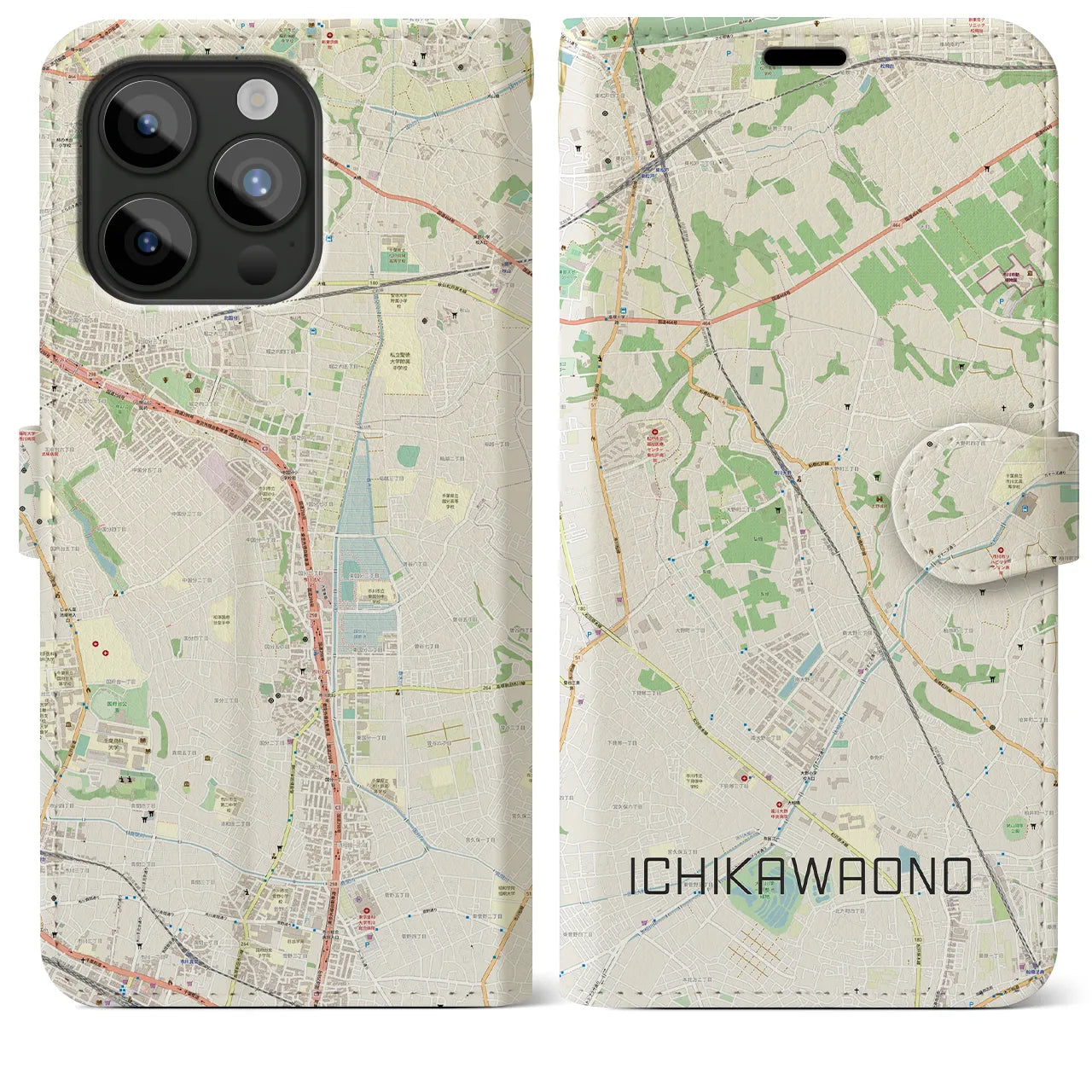 【市川大野(千葉県)】地図柄iPhoneケース(手帳タイプ)ナチュラル・iPhone 15 Pro Max 用