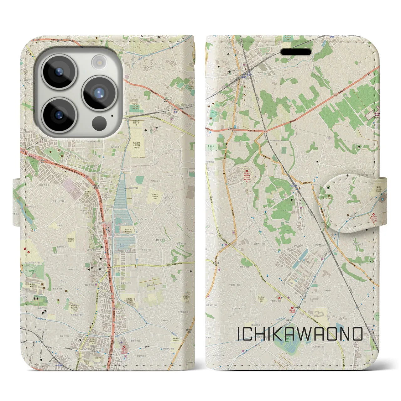 【市川大野(千葉県)】地図柄iPhoneケース(手帳タイプ)ナチュラル・iPhone 15 Pro 用