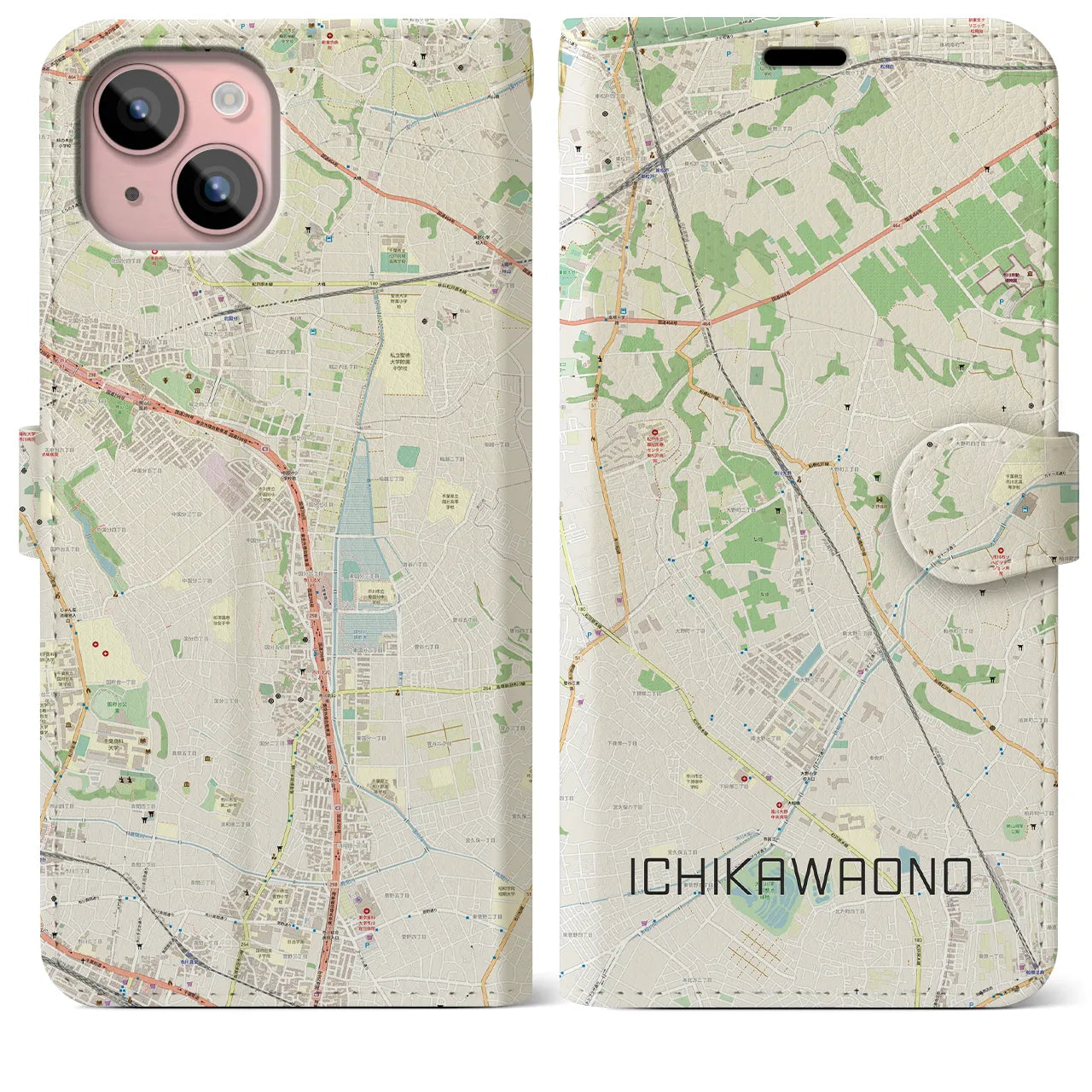 【市川大野(千葉県)】地図柄iPhoneケース(手帳タイプ)ナチュラル・iPhone 15 Plus 用