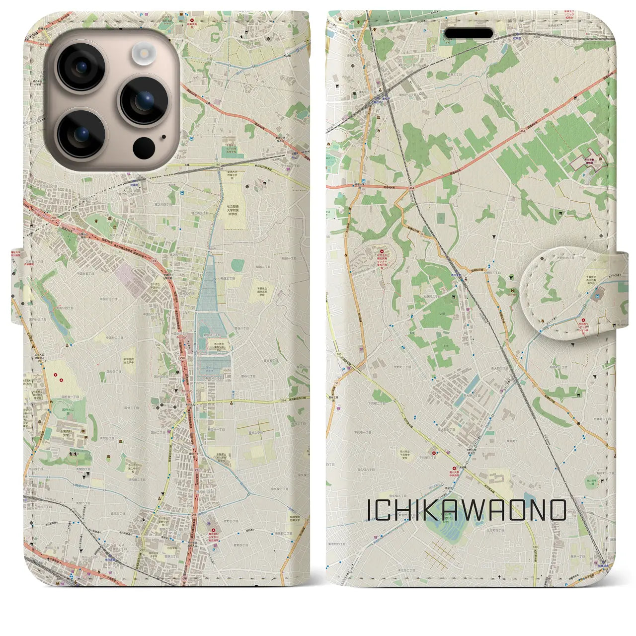 【市川大野(千葉県)】地図柄iPhoneケース(手帳タイプ)ナチュラル・iPhone 16 Plus 用