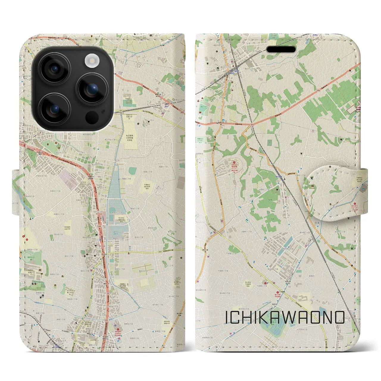 【市川大野(千葉県)】地図柄iPhoneケース(手帳タイプ)ナチュラル・iPhone 16 用