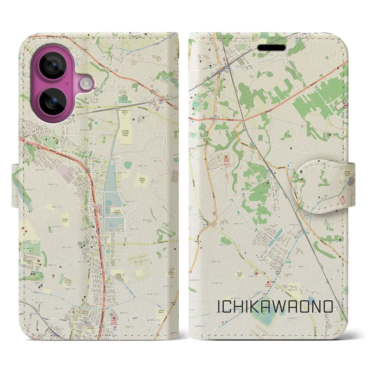 【市川大野(千葉県)】地図柄iPhoneケース(手帳タイプ)ナチュラル・iPhone 16 Pro 用