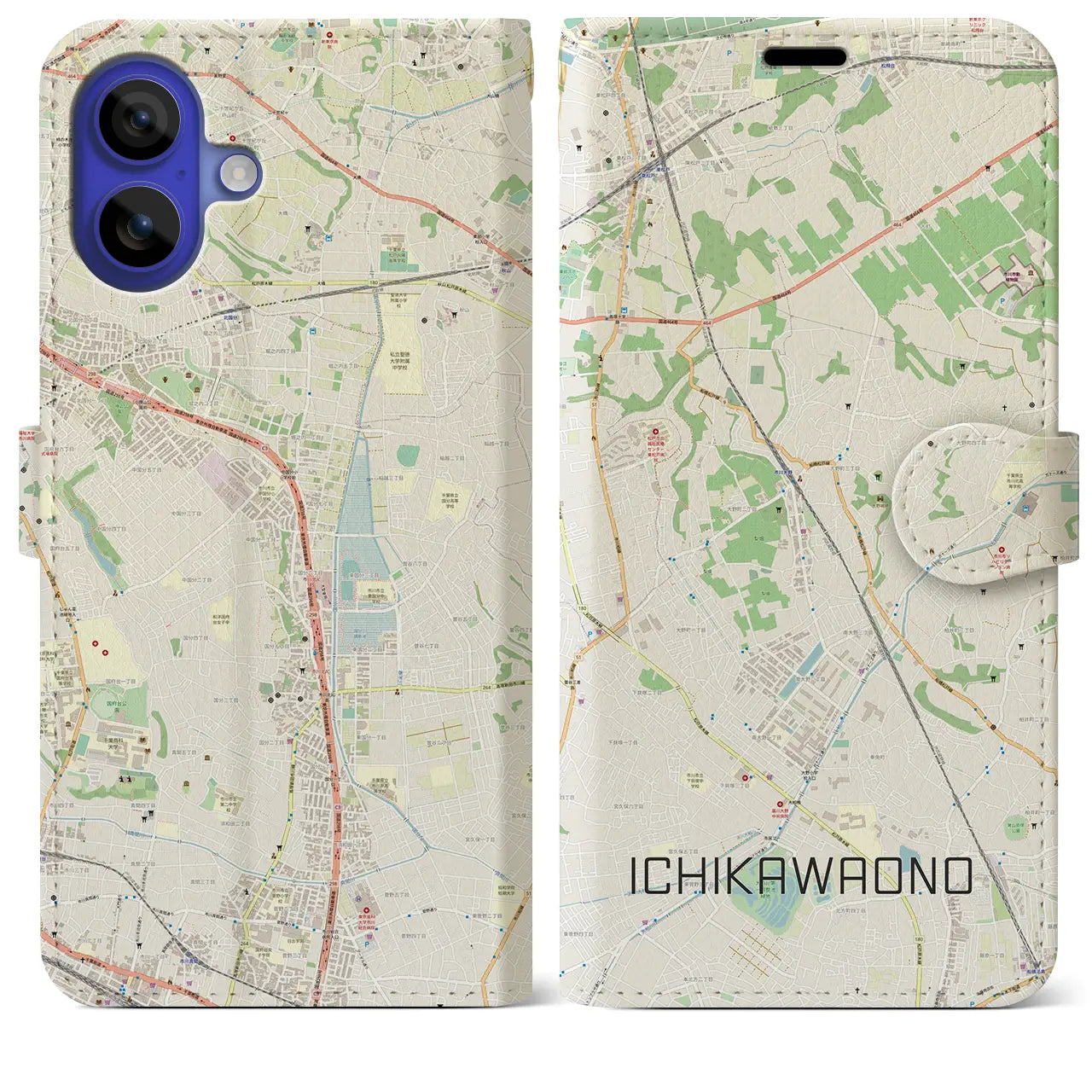 【市川大野(千葉県)】地図柄iPhoneケース(手帳タイプ)ナチュラル・iPhone 16 Pro Max 用