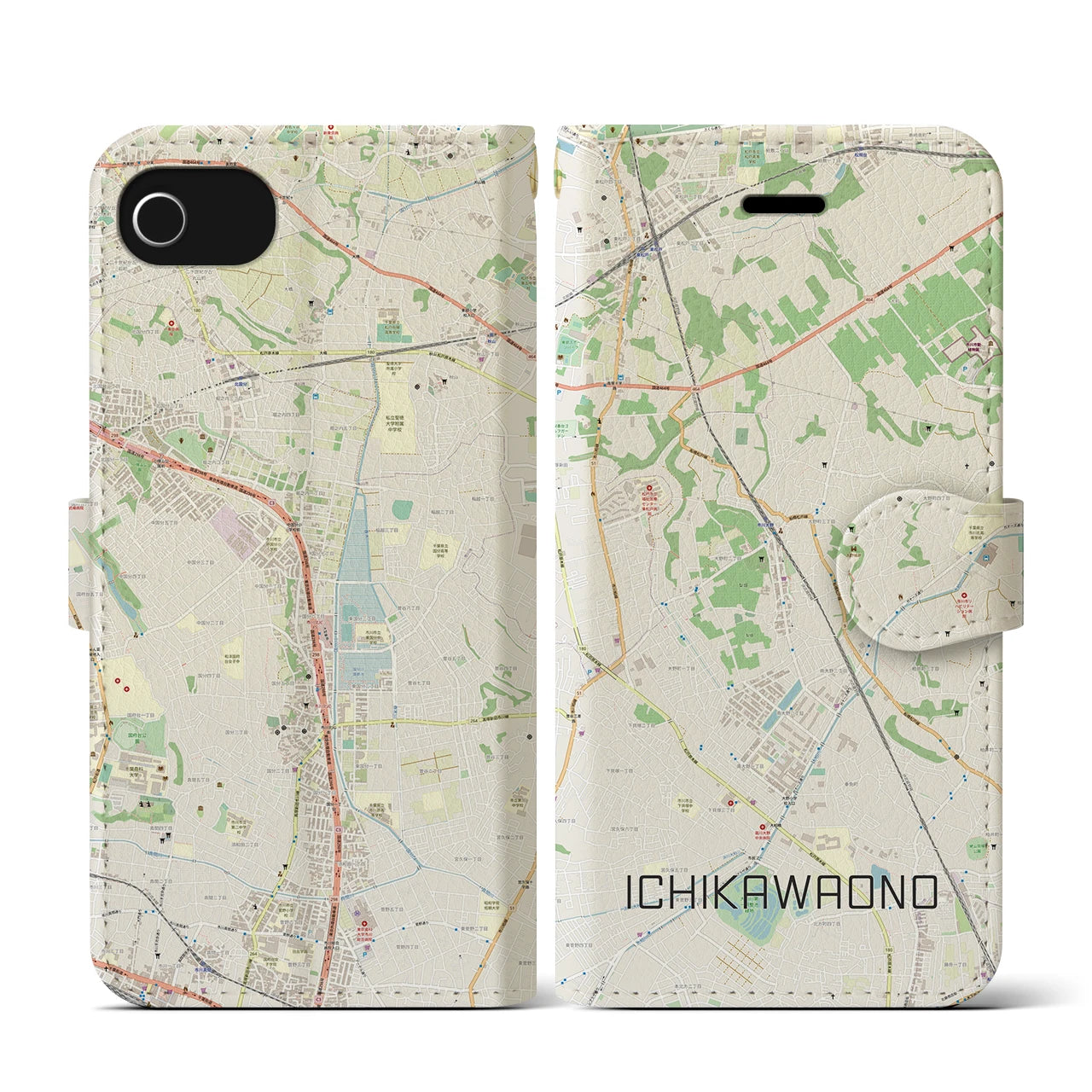 【市川大野(千葉県)】地図柄iPhoneケース(手帳タイプ)ナチュラル・iPhone SE(第3 / 第2世代) / 8 / 7 / 6s / 6 用