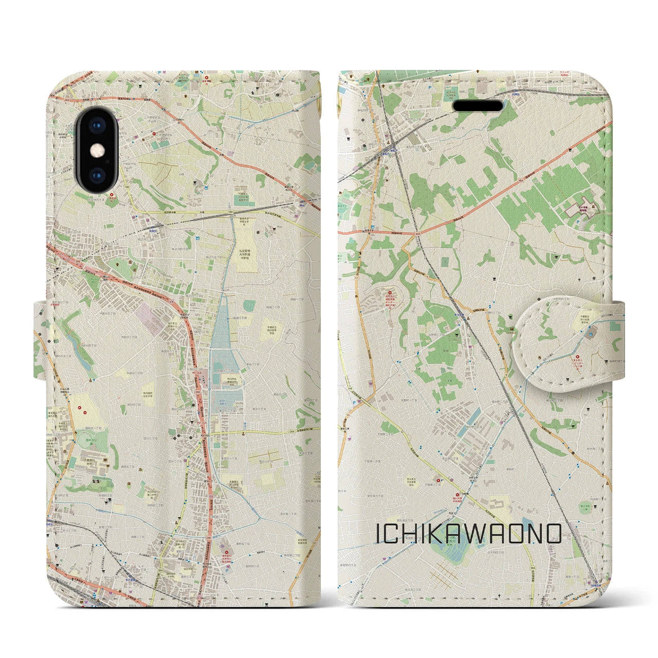 【市川大野(千葉県)】地図柄iPhoneケース(手帳タイプ)ナチュラル・iPhone XS / X 用
