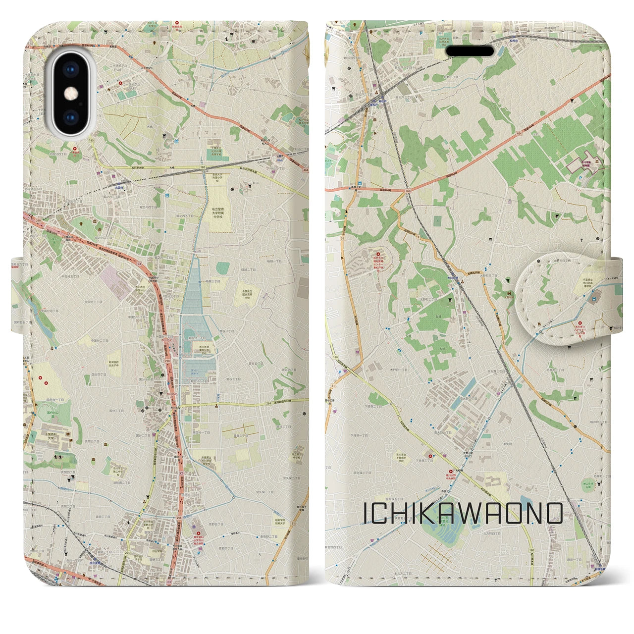 【市川大野(千葉県)】地図柄iPhoneケース(手帳タイプ)ナチュラル・iPhone XS Max 用