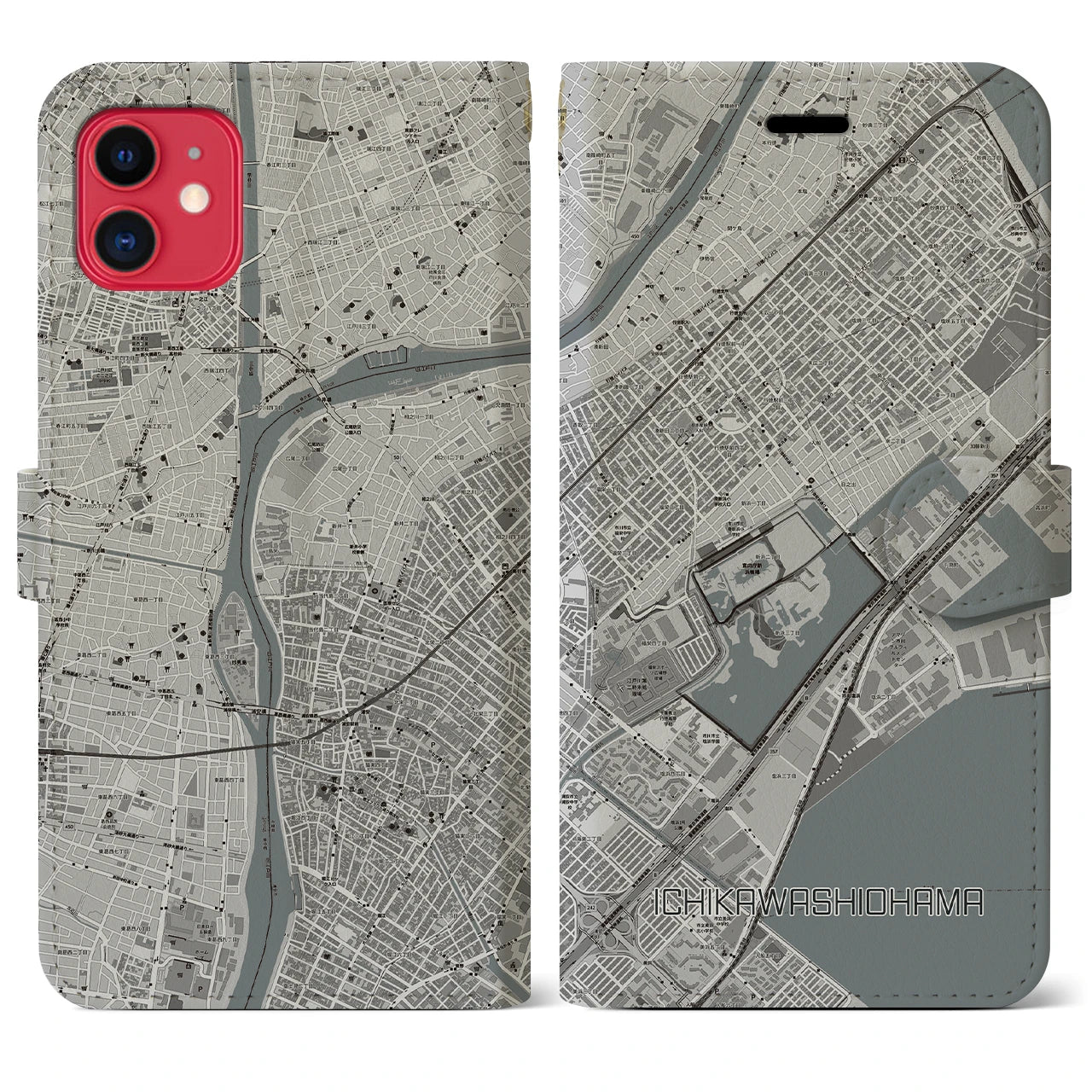 【市川塩浜(千葉県)】地図柄iPhoneケース(手帳タイプ)モノトーン・iPhone 11 用