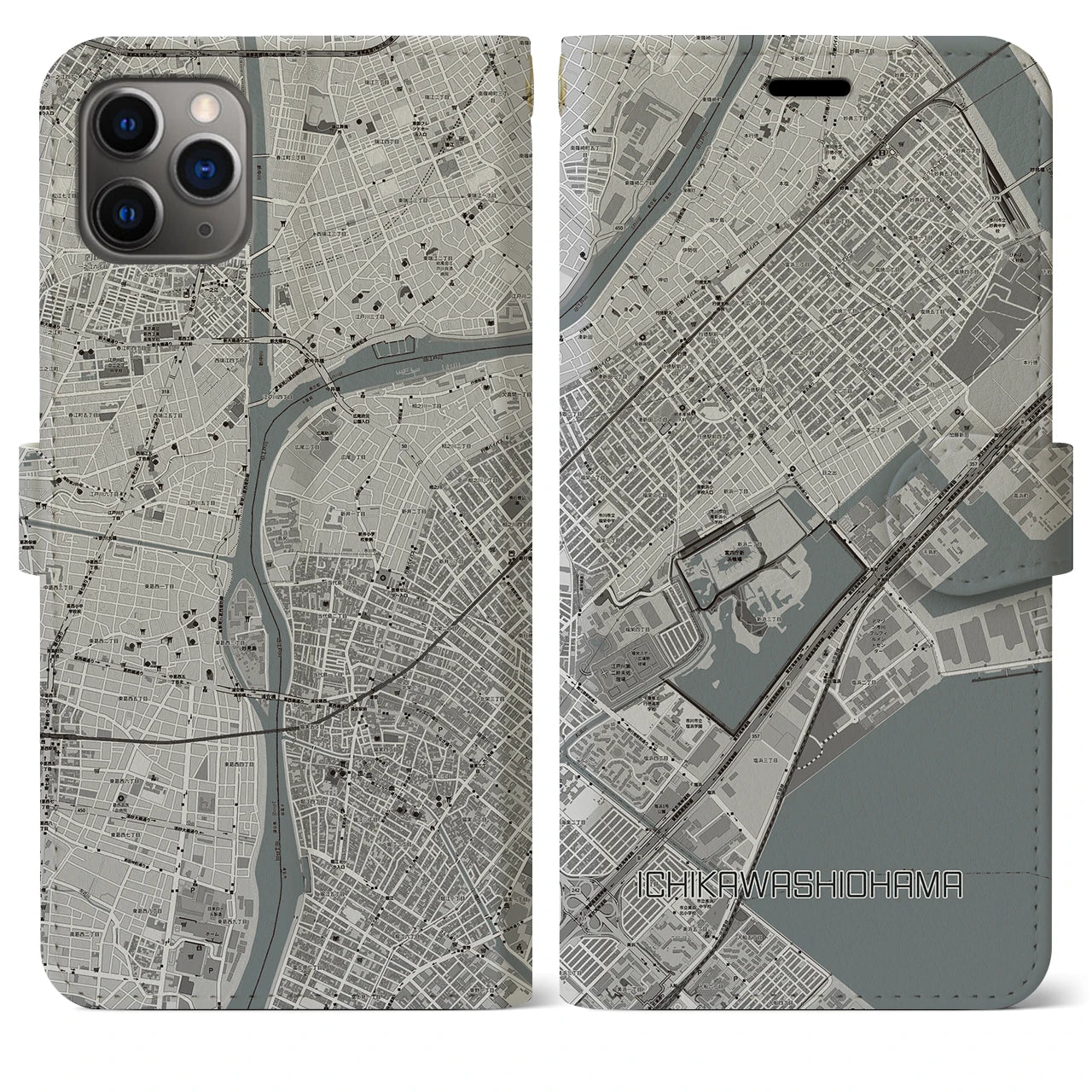 【市川塩浜(千葉県)】地図柄iPhoneケース(手帳タイプ)モノトーン・iPhone 11 Pro Max 用