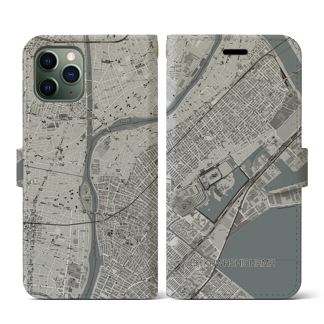 【市川塩浜(千葉県)】地図柄iPhoneケース(手帳タイプ)モノトーン・iPhone 11 Pro 用