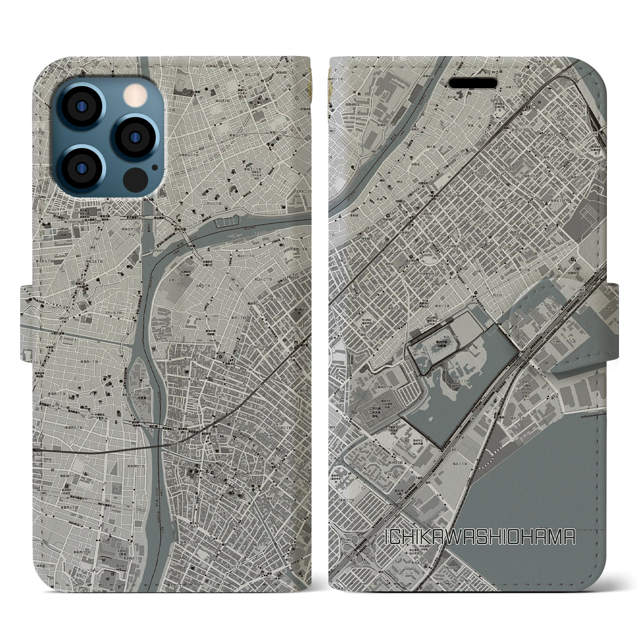 【市川塩浜(千葉県)】地図柄iPhoneケース(手帳タイプ)モノトーン・iPhone 12 / 12 Pro 用