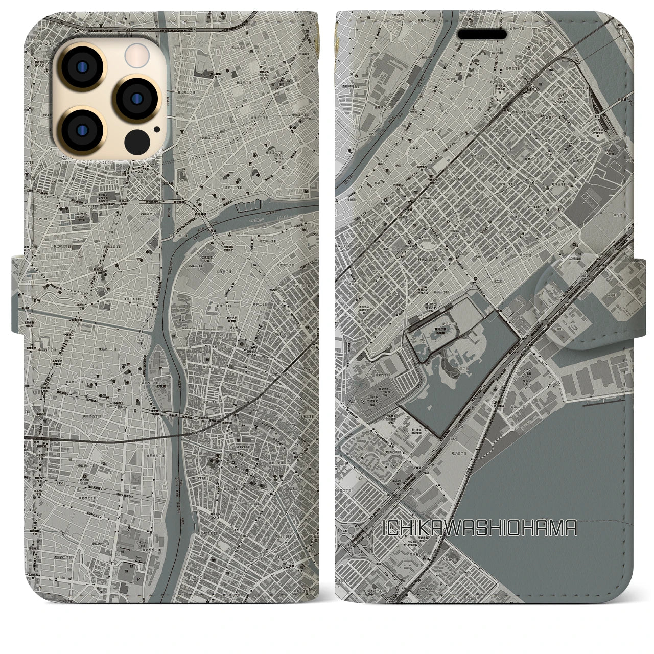 【市川塩浜(千葉県)】地図柄iPhoneケース(手帳タイプ)モノトーン・iPhone 12 Pro Max 用