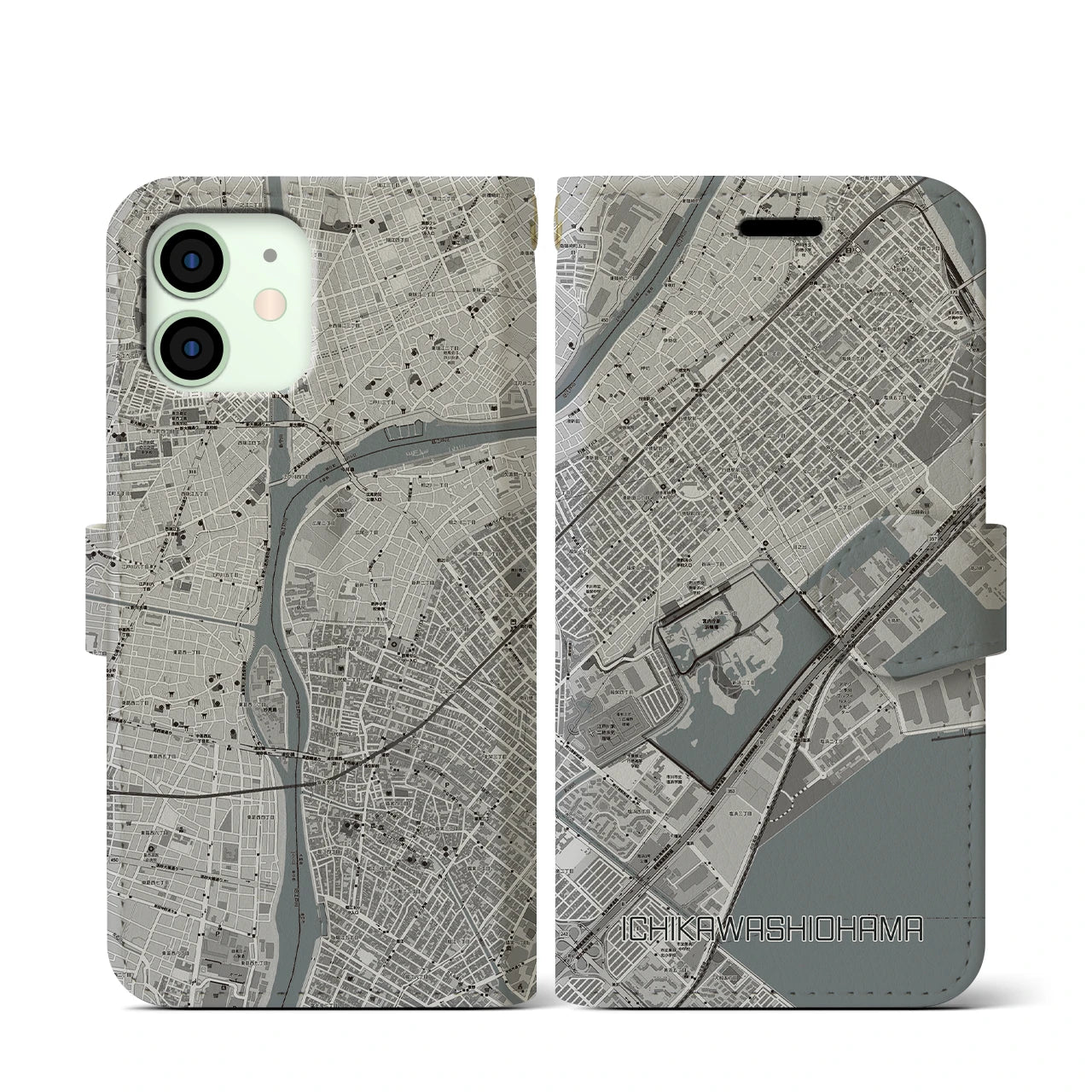 【市川塩浜(千葉県)】地図柄iPhoneケース(手帳タイプ)モノトーン・iPhone 12 mini 用
