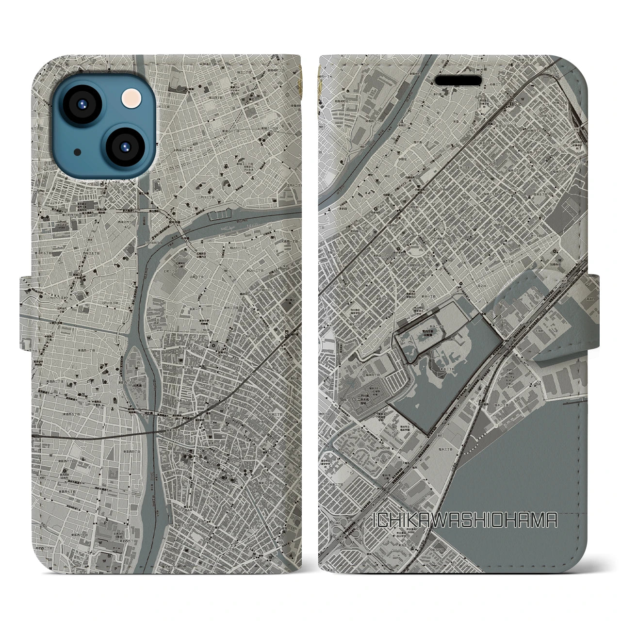 【市川塩浜(千葉県)】地図柄iPhoneケース(手帳タイプ)モノトーン・iPhone 13 用