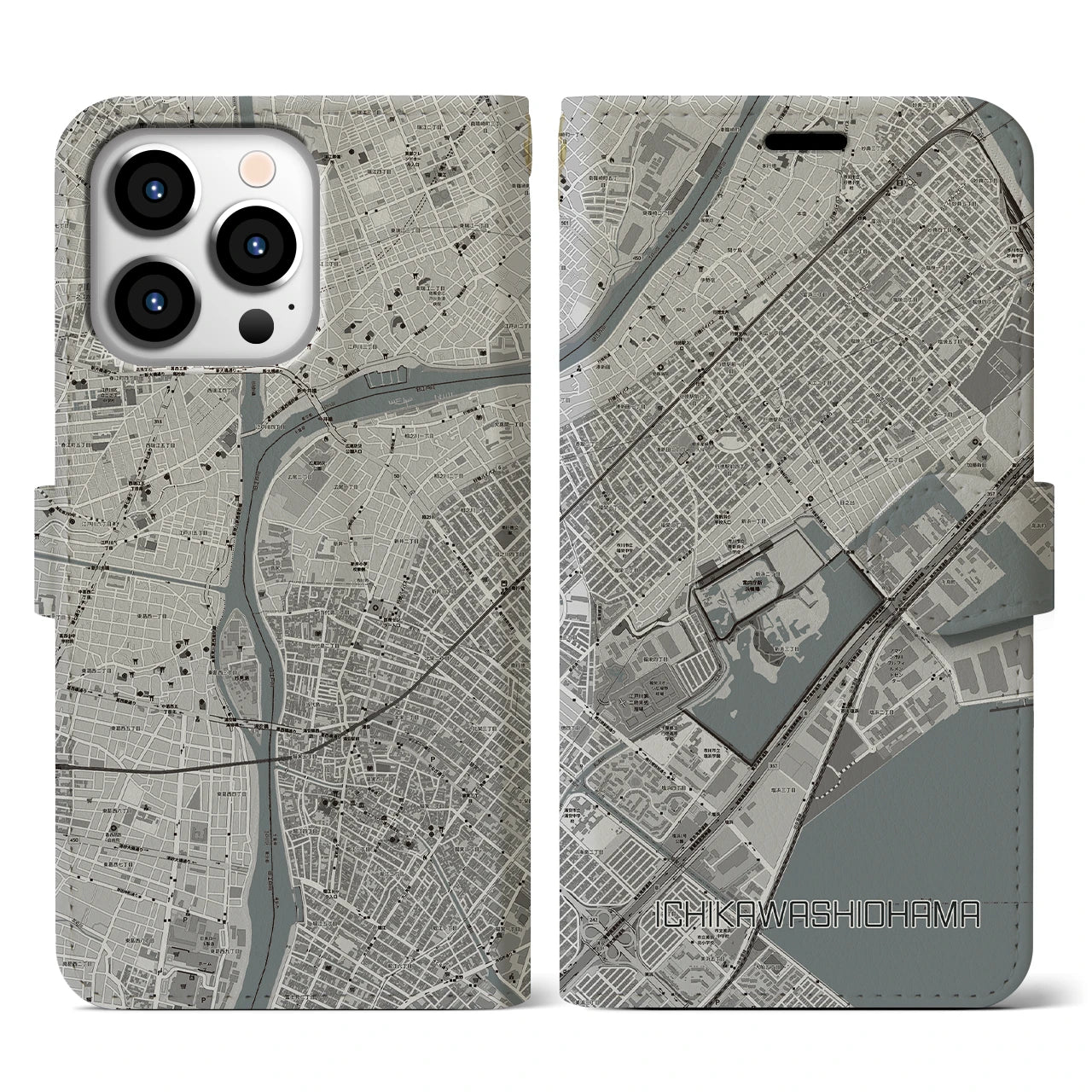 【市川塩浜(千葉県)】地図柄iPhoneケース(手帳タイプ)モノトーン・iPhone 13 Pro 用