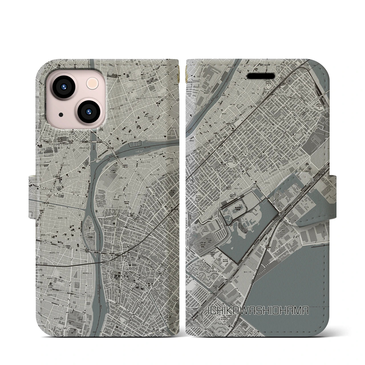 【市川塩浜(千葉県)】地図柄iPhoneケース(手帳タイプ)モノトーン・iPhone 13 mini 用