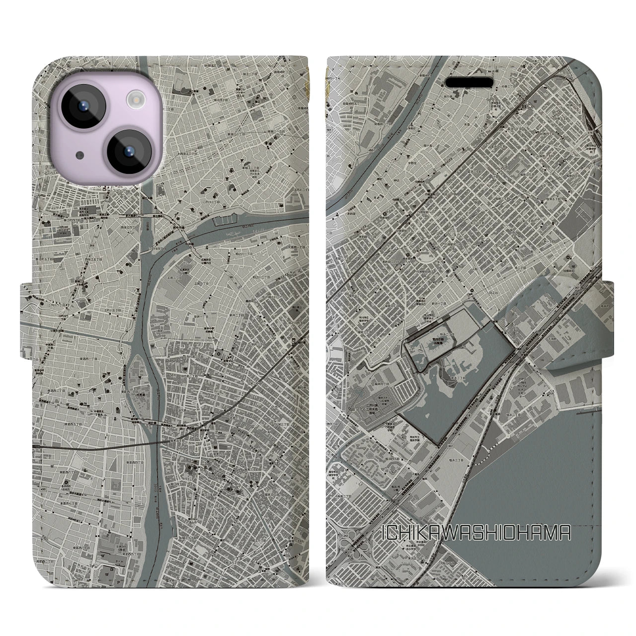 【市川塩浜(千葉県)】地図柄iPhoneケース(手帳タイプ)モノトーン・iPhone 14 用