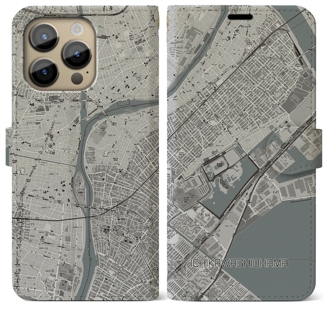 【市川塩浜(千葉県)】地図柄iPhoneケース(手帳タイプ)モノトーン・iPhone 14 Pro Max 用