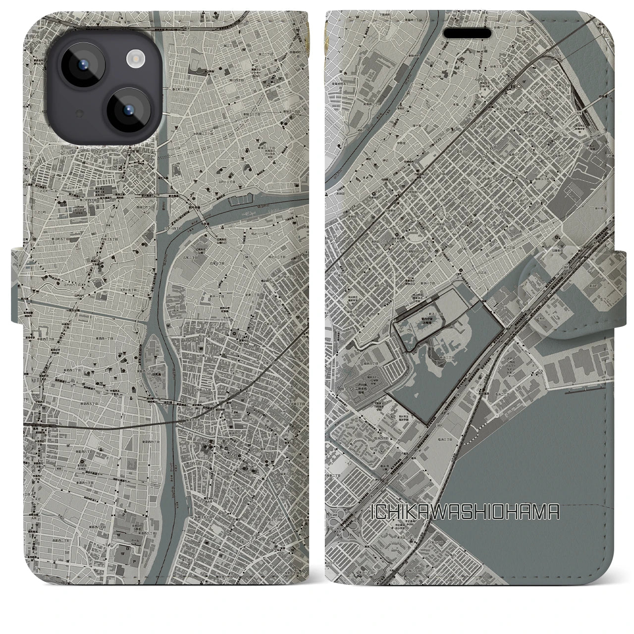 【市川塩浜(千葉県)】地図柄iPhoneケース(手帳タイプ)モノトーン・iPhone 14 Plus 用