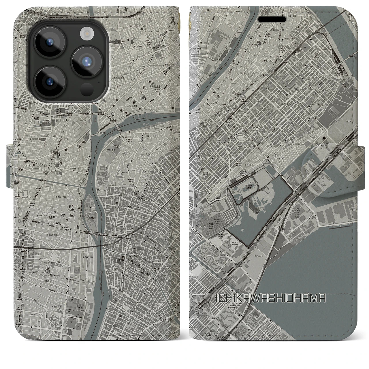 【市川塩浜(千葉県)】地図柄iPhoneケース(手帳タイプ)モノトーン・iPhone 15 Pro Max 用