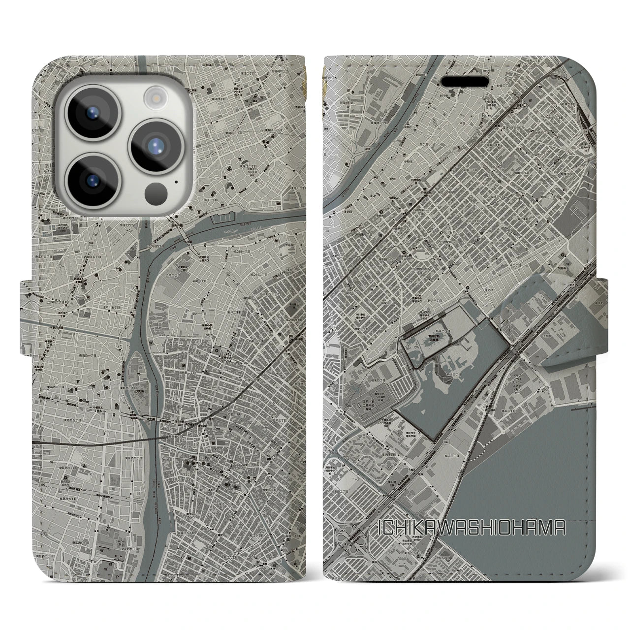 【市川塩浜(千葉県)】地図柄iPhoneケース(手帳タイプ)モノトーン・iPhone 15 Pro 用