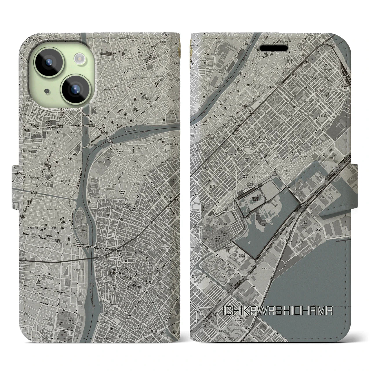 【市川塩浜(千葉県)】地図柄iPhoneケース(手帳タイプ)モノトーン・iPhone 15 用