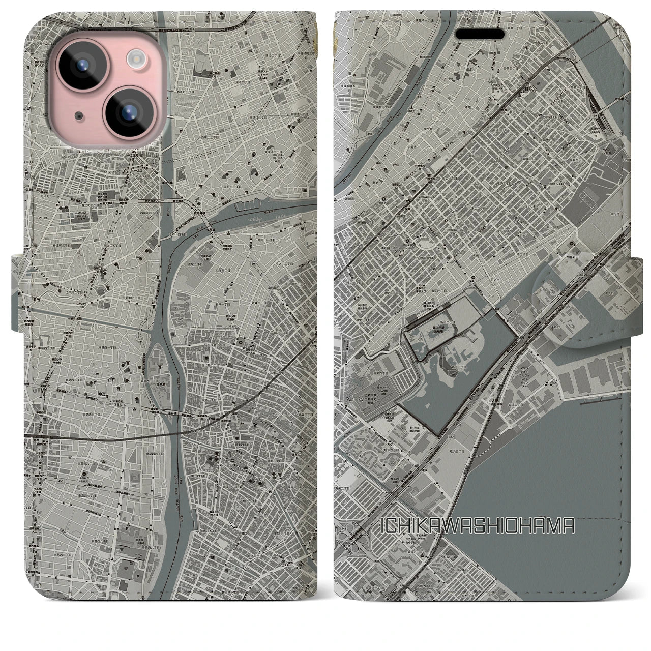 【市川塩浜(千葉県)】地図柄iPhoneケース(手帳タイプ)モノトーン・iPhone 15 Plus 用