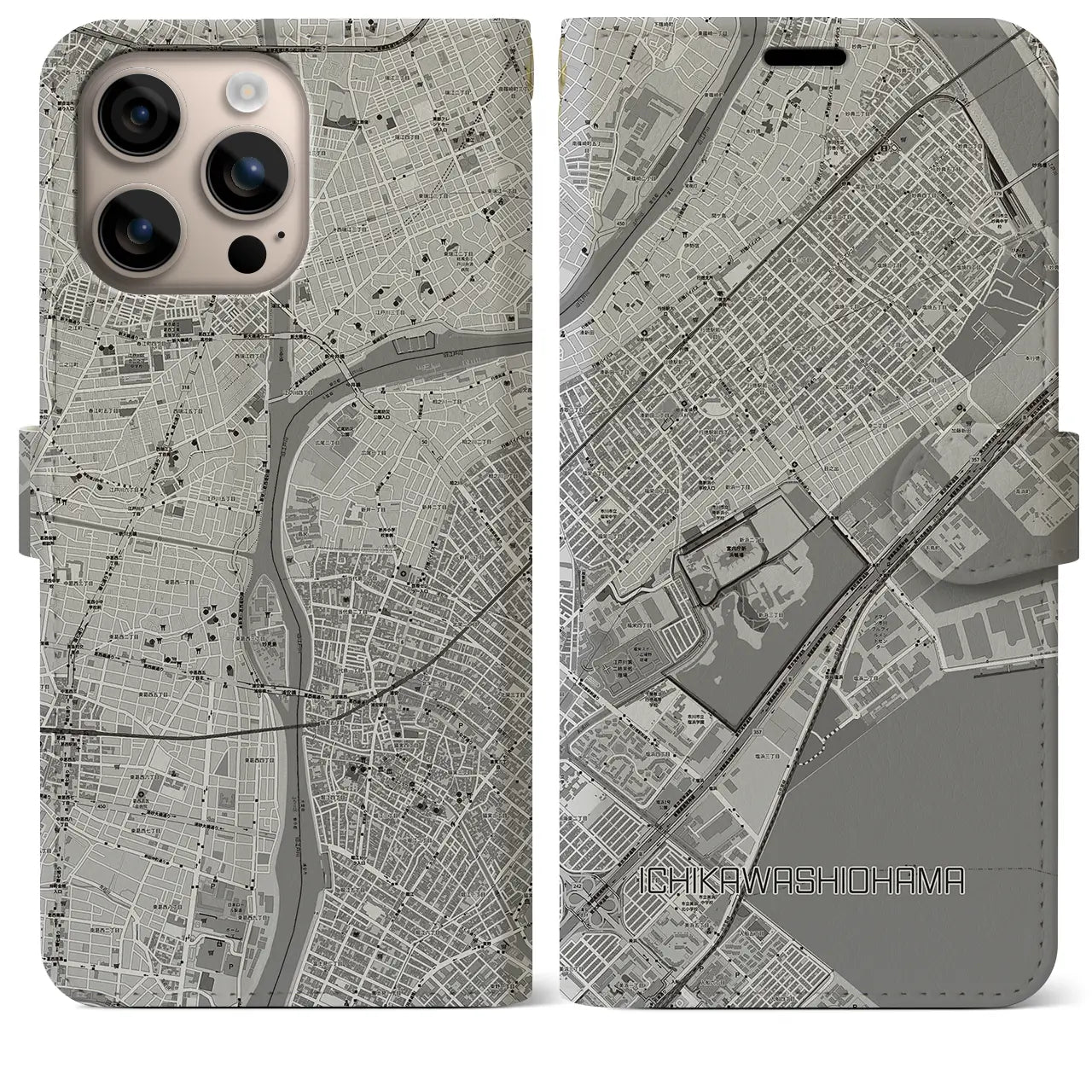 【市川塩浜(千葉県)】地図柄iPhoneケース(手帳タイプ)モノトーン・iPhone 16 Plus 用