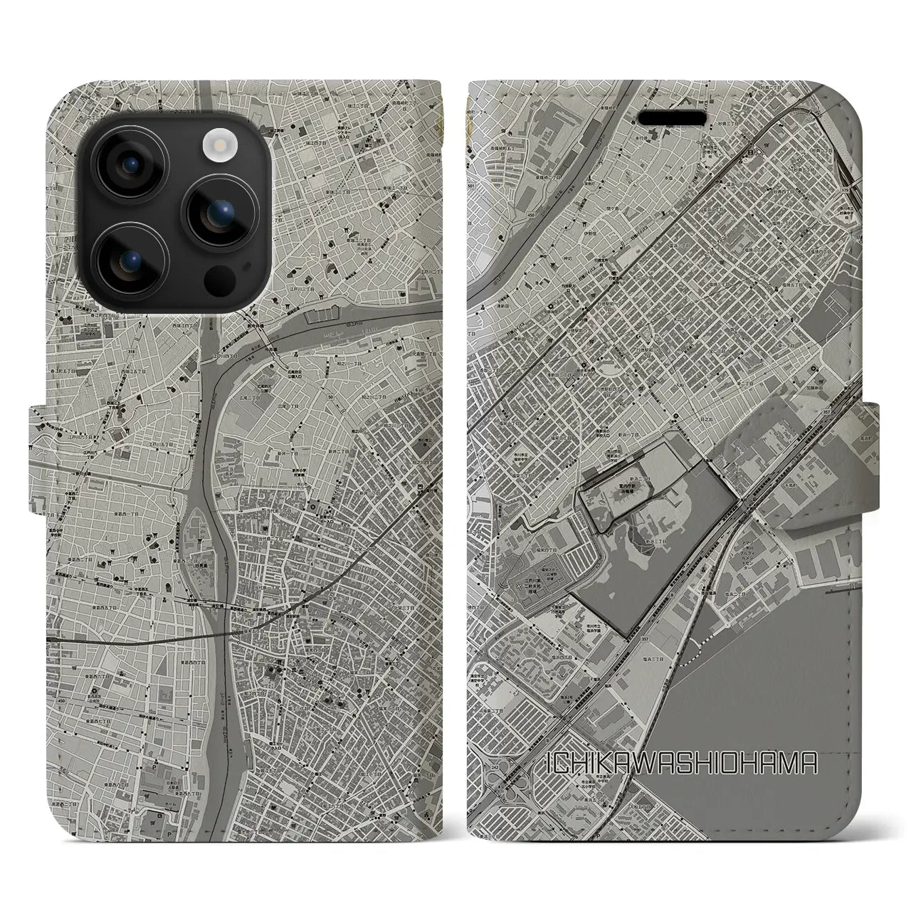 【市川塩浜(千葉県)】地図柄iPhoneケース(手帳タイプ)モノトーン・iPhone 16 用