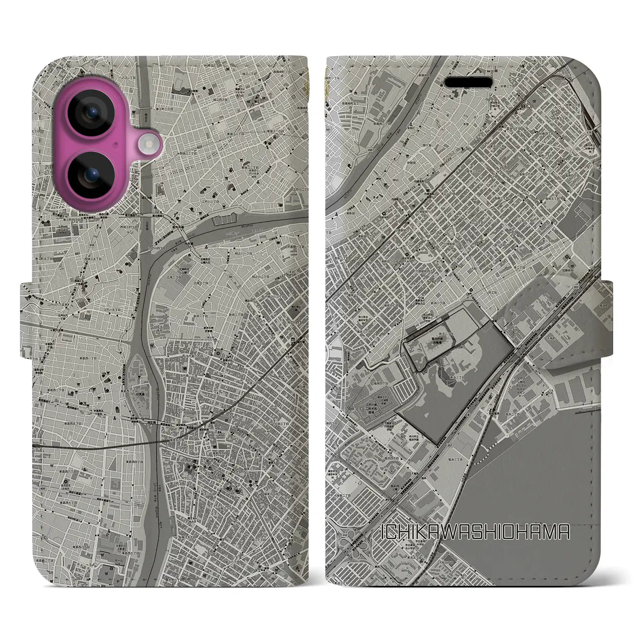 【市川塩浜(千葉県)】地図柄iPhoneケース(手帳タイプ)モノトーン・iPhone 16 Pro 用