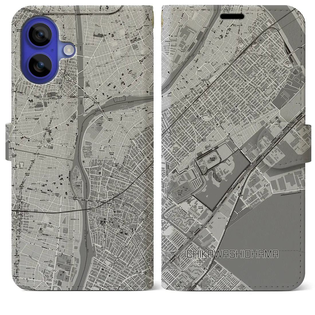 【市川塩浜(千葉県)】地図柄iPhoneケース(手帳タイプ)モノトーン・iPhone 16 Pro Max 用